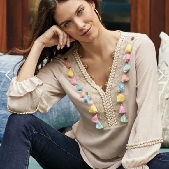 Soft Surroundings Tops - SOFT SURROUNDINGS 3DF28 Cream Rainbow Tassel Boho Top SIZE PL PETITE LARGE
